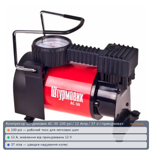 Компресор Штурмовик АС-30 100psi/12Amp/37л/прикурювач