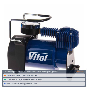 Компресор ViTOL К-40 150psi/14Amp/37л/прикурювач
