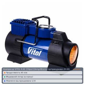 Компресор ViTOL К-60 150psi/15Amp/40л/лiхтар/прикурювач (К-60)